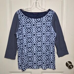 Fresh Produce Women's L Top 3/4 Sleeve Blue Diamond Stripe Casual Shirt